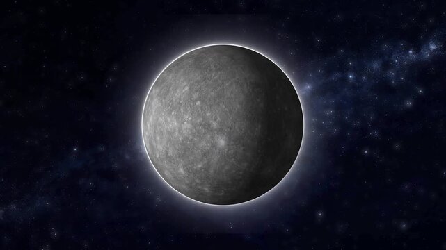 Realistic mercury rotating, rocky planet orbit, celestial gray sphere, glowing cratered surface, solar system astronomy, barren world universe galaxy