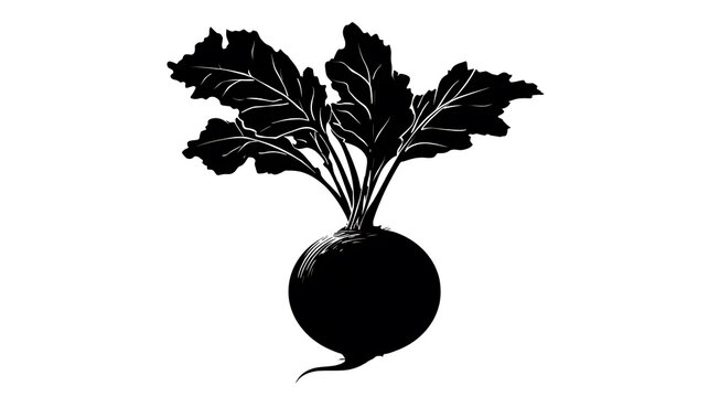 A solitary beetroot with its leafy crown, captured in a stark monochrome silhouette