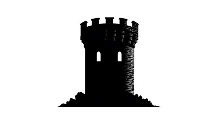 Obraz premium A silhouette of a tall medieval tower, featuring battlements and small windows. The imposing structure stands against a clear backdrop. 