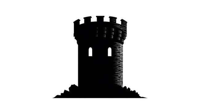 A silhouette of a tall medieval tower, featuring battlements and small windows. The imposing structure stands against a clear backdrop. 
