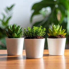Three small potted succulents on a wooden table