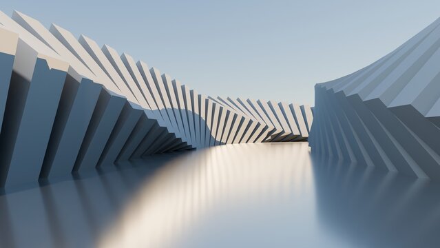 Futuristic white architectural structure with rhythmic geometric blocks. Minimalist 3D rendering for modern business background, structural engineering, and innovative technology design