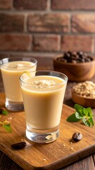 Two glasses of creamy beverage on wooden board with coffee beans