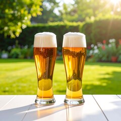 Two glasses of beer on a table outdoors in sunlight