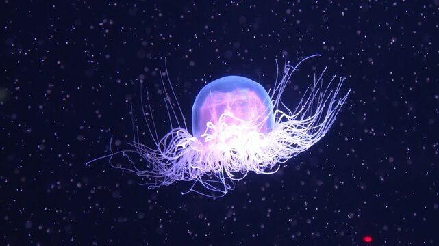 Closeup shot of Spirocodon Saltator, the endemic jellyfish of Japan floating underwater. 4K  