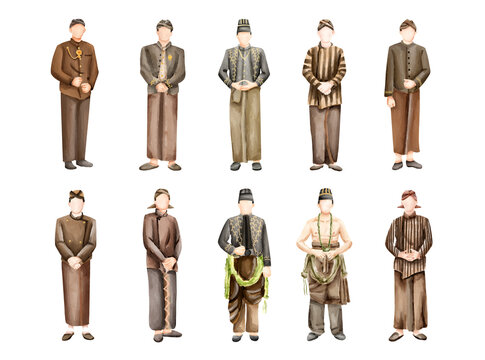 Watercolor Indonesian Traditional Clothing Male Character Illustration Set