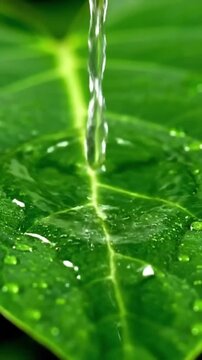 Pure water stream pouring onto melting ice cube on a vibrant green plant leaf - Refreshment & Eco-friendliness.
