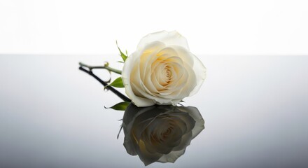 A single white rose with green leaves on a reflective surface