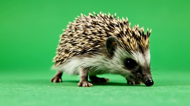 A small, spiky hedgehog with brown and white quills walks on a vibrant green background in a studio setting.