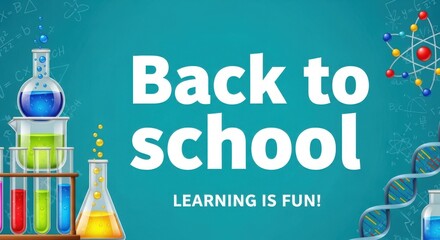 A colorful illustration of a back to school concept with science elements