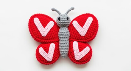 A crocheted butterfly toy with red and white wings on a plain background