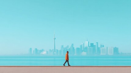 Naklejka premium Serene Stroll Along Waterfront with Toronto Skyline Under Clear Blue Sky, Urban Landscape, Vibrant Colors, Peaceful Atmosphere and Modern Architecture