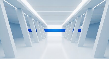 A futuristic white and blue warehouse with rows of pillars and bright lighting