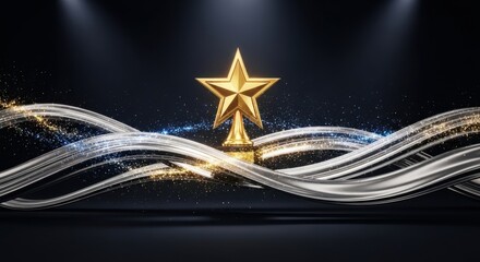 A golden star award on a dark background with sparkling lights