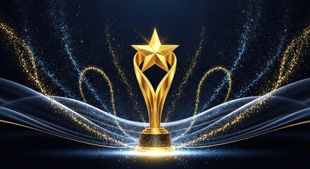A shiny gold trophy with a star on top is displayed prominently