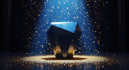 A large blue crystal glows in a dark room with gold particles