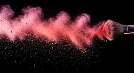 A makeup brush dispersing pink powder against a black background