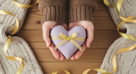 A person holding a heart-shaped gift wrapped in purple paper with a yellow ribbon