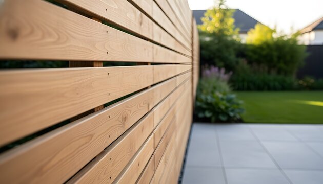 Modern wooden backyard fence design offering privacy and style for a serene back patio concept with a lush green lawn