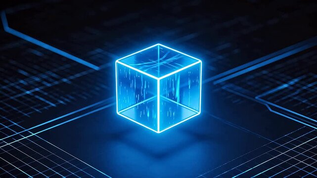 Blue glowing cube on digital grid