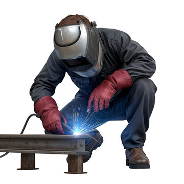Welder working with metal, sparks flying, isolated on white background