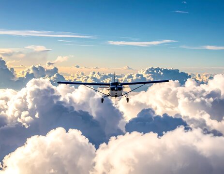 Aerial view of a small plane soaring through fluffy white clouds