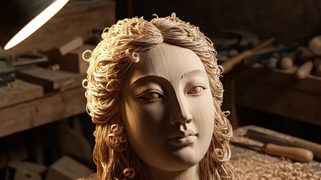Ornate Golden Hair Buddha Bust in a Dimly Lit Warm Workshop Setting
