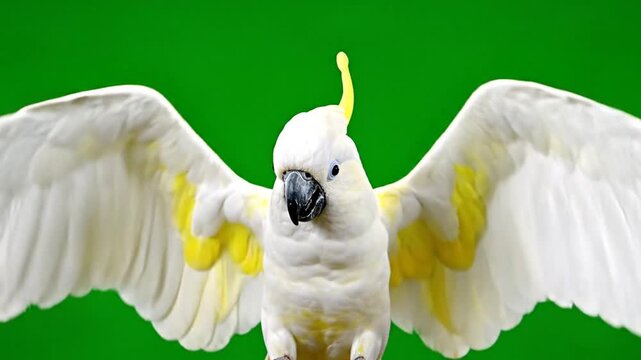 A majestic white cockatoo with its wings spread wide, showcasing its yellow underwings and crest against a vibrant green background.