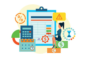 Woman sitting at table working on tax reporting. She using calculator and reviewing checklist on clipboard. Various money symbols and calendar indicating organization.
