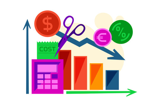 Graph with decreasing bars, calculator, dollar signs, and scissors. Activities focused on reducing costs and improving efficiency in business setting