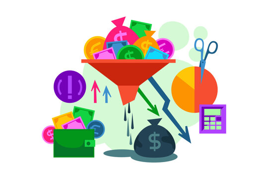Funnel filled with cash flow symbols, arrows indicating trends, calculator, and scissors. Process of managing costs while maximizing profits