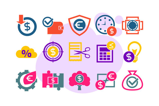 Various icons related to cost optimization and financial planning. Symbols including money, calculations, and tools for managing expenses