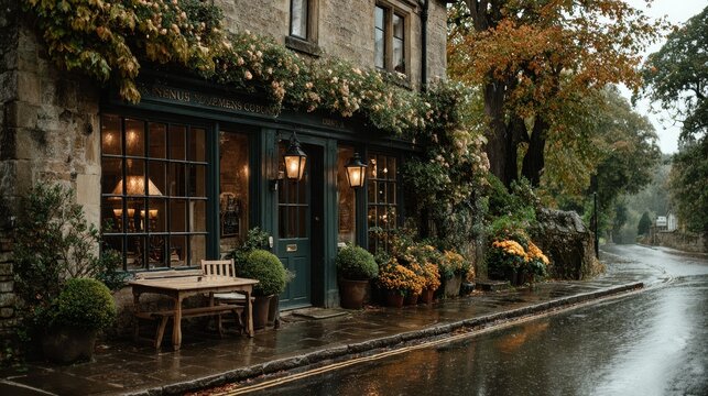 Traditional Cotswolds cafe exterior in England, front close-up view on a rainy November day, capturing typical British atmosphere with charming architecture, wet streets, and cozy historic design.