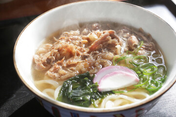 湯気の上がる温かい肉うどん