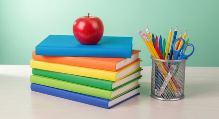 A stack of colorful books with an apple on top and a pencil holder