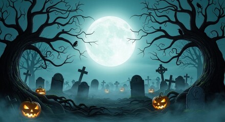 A spooky Halloween graveyard scene with jack-o-lanterns and a full moon