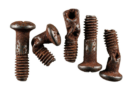 Four severely rusted and bent vintage machine screws suspended mid-air, a hyperdetailed macro study emphasizing deep umber oxidation against a transparent background. concept of industrial decay and