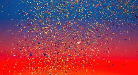 A vibrant and colorful background with confetti and a gradient sky