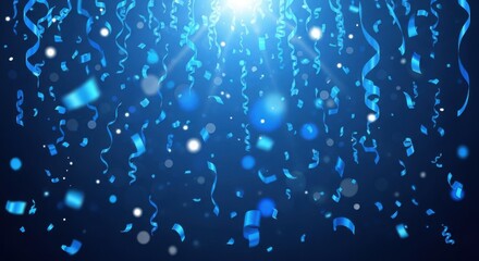 A vibrant blue background with confetti and light effects