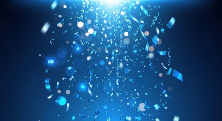 A vibrant blue background with confetti and light effects
