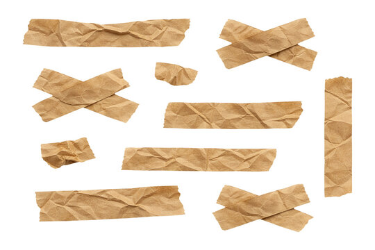 Brown kraft paper tape strips and cross shapes isolated on transparent background png texture pack