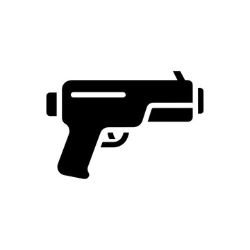 Black silhouette of a thermal detector gun isolated on a white background, showcasing a sleek, modern design with minimalistic features and simple contours