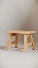 Fototapeta premium Sturdy wooden stool with angled legs, support beams, and smooth finish. Ideal for furniture catalogs, product visualization, interior design projects, and minimalist decor presentations.