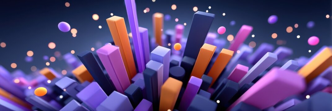 Abstract 3D bar graph with purple and orange vertical rectangles and floating spheres on a dark background.