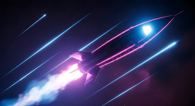 Futuristic rocket ship blasting off into starry night sky with vibrant neon lights