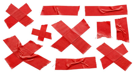 Fototapeta premium Red duct tape strips and cross marks collection isolated on transparent background png file set