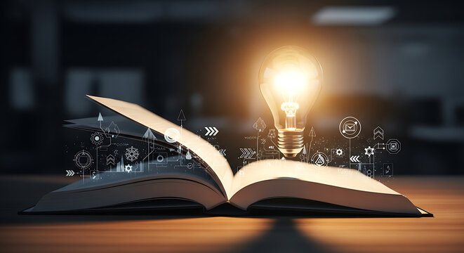 Glowing light bulb rising from open book with floating scientific and mechanical research diagrams