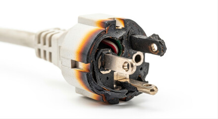 Close-up of a melted electrical plug with exposed wires, isolated on a white background, showcasing damage and burnt edges
