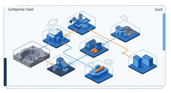 Isometric illustration of a complex industrial process with interconnected machinery and data flow.
