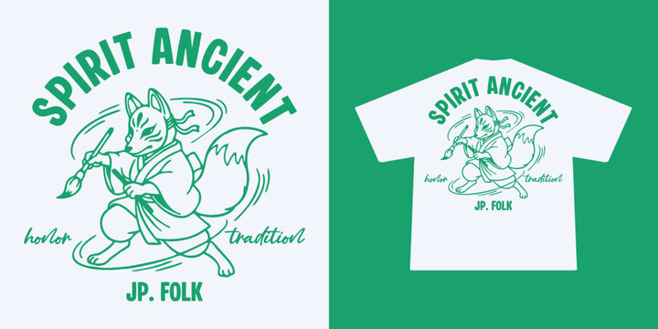 Minimalist line art of a kitsune fox spirit mascot holding a paintbrush, inspired by Japanese folklore from Japan. Clean green monochrome vector with a playful cultural style. Perfect for t-shirts